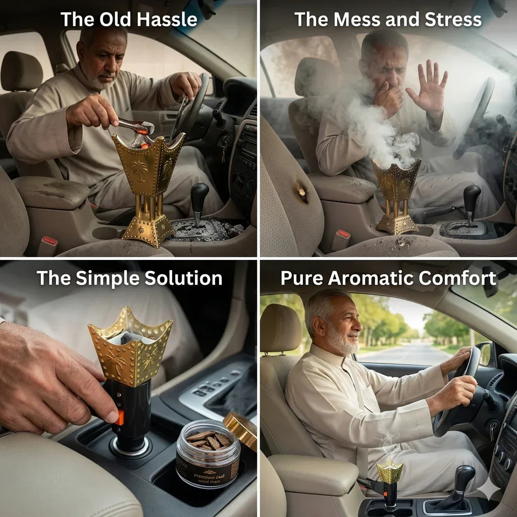 Collage of a man using an aromatic diffuser in a car, showing different stages from hassle to comfort.