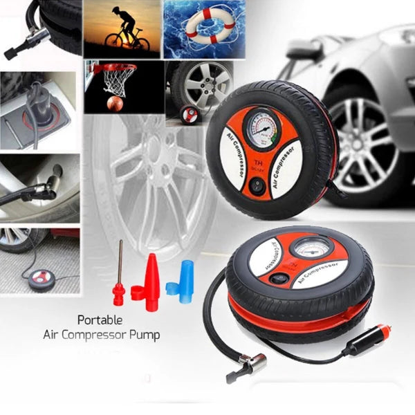 Portable air compressor pump with various uses shown in a collage.
