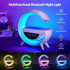Multifunctional Bluetooth night light with LED display and colorful lighting options on a blue background.