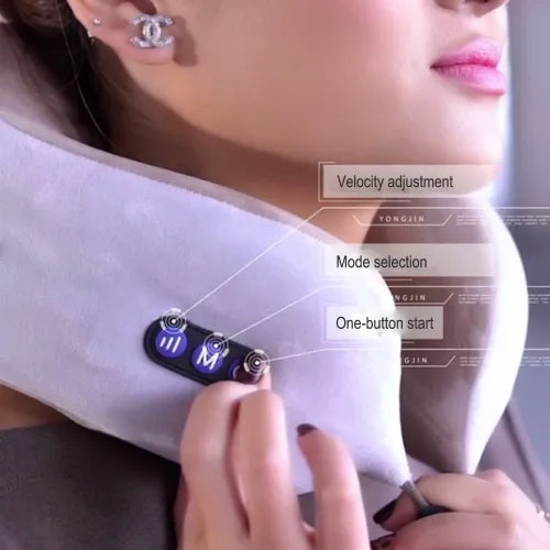 Neck pillow with control panel and text labels on a blurred background