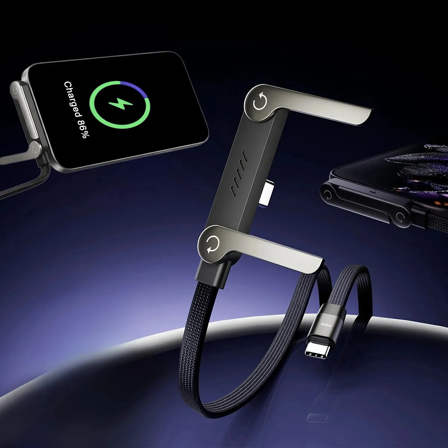 Smartwatch charging cable with smartphone and smartwatch on a dark background