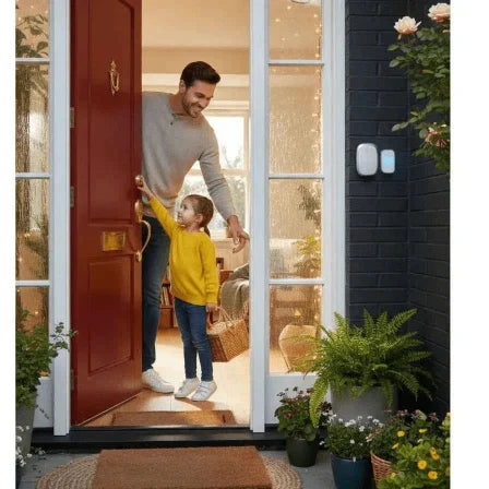 Man and child standing at a red door with a view into a home.