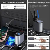 4-in-1 66W fast car charger with dual ports and retractable cables, shown in use.