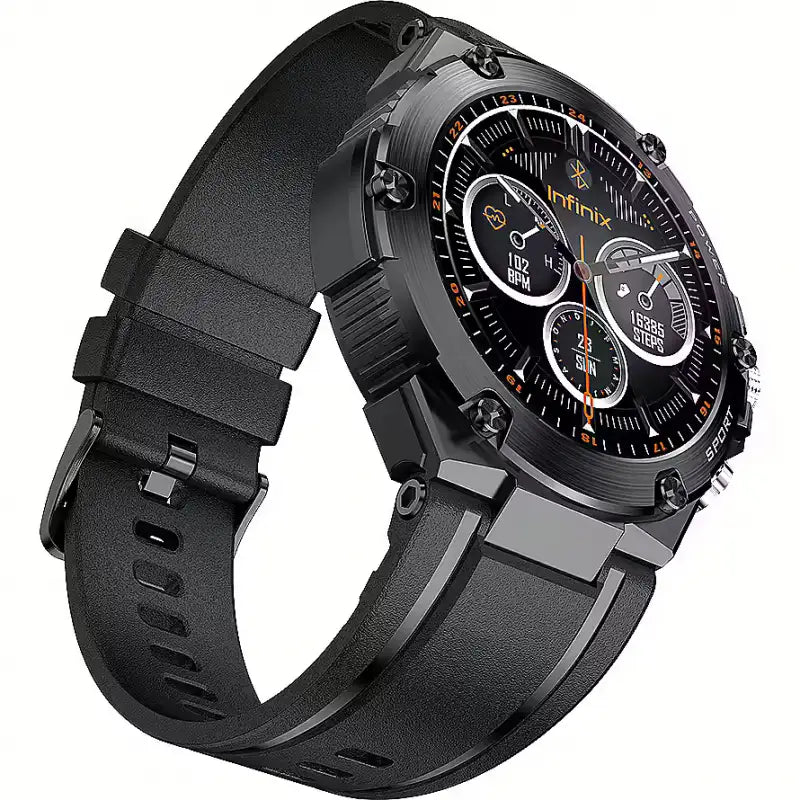 Black smartwatch with detailed display on a white background