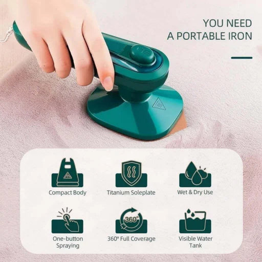 Portable iron being held over fabric with features listed below on a light pink background
