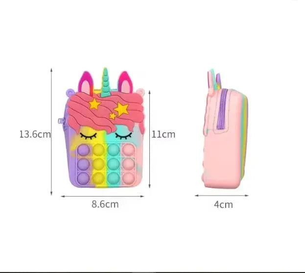 Colorful unicorn-themed pop-it fidget toy with measurements on a white background
