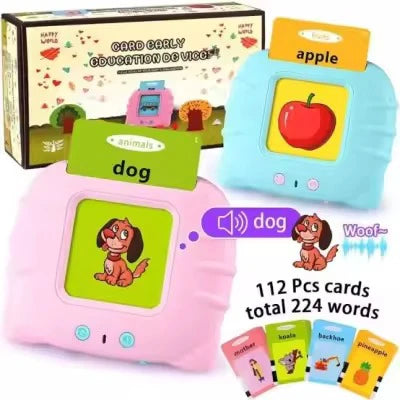 Educational toys with cards and a device for early learning, featuring animals and objects.
