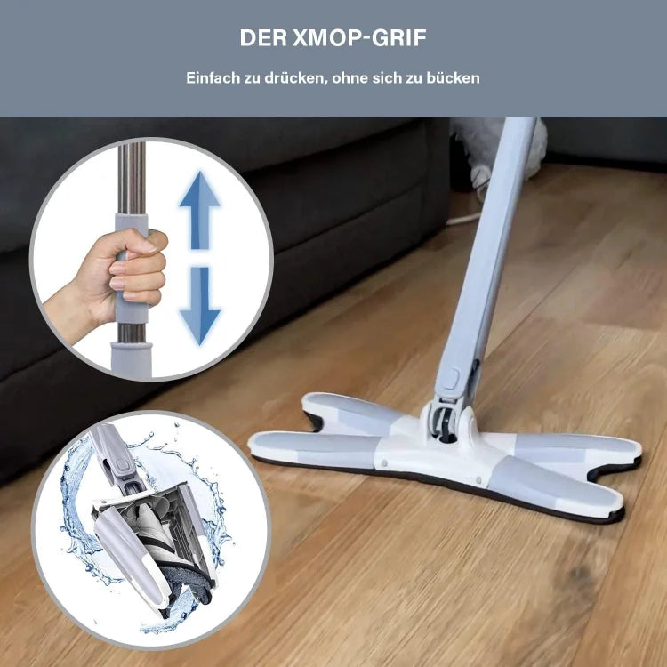 XMOP mop on a wooden floor with close-up insets showing handle and cleaning action.