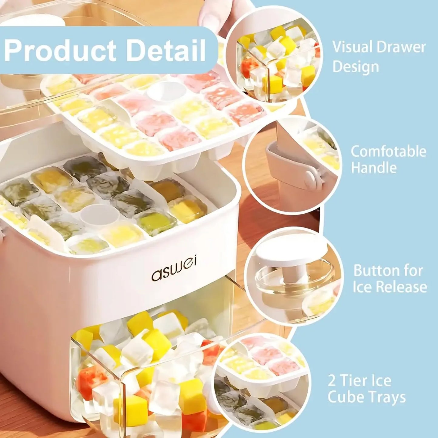 Ice cube tray with compartments filled with colorful ice cubes, featuring text on product details.