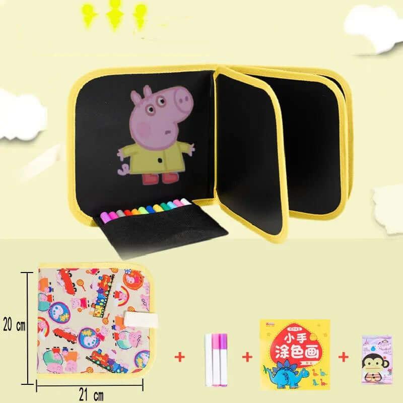 Kids erasable doodle magic book with 3 color markers being used for drawing.