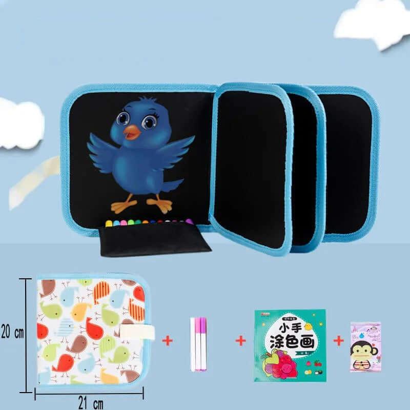 Kids erasable doodle magic book with 3 color markers being used for drawing.