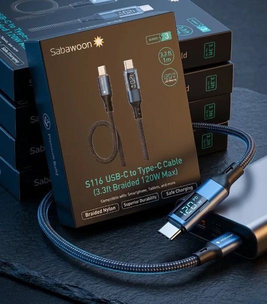 Sabawoon USB-C to Type-C cable with packaging on a dark surface