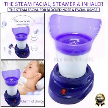 Purple and white steam facial, steamer, and inhaler with text on a white background