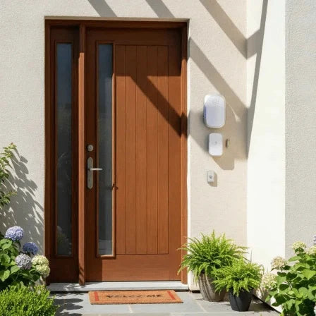 Brown wooden door with glass panels on a light-colored wall, surrounded by plants.