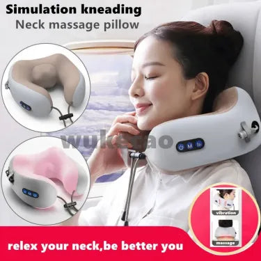 Woman using a neck massage pillow with text and brand logo on a white background