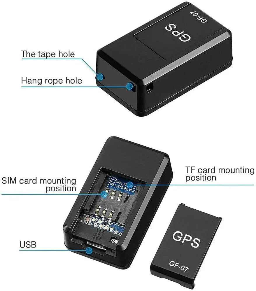 Black GPS tracker with labeled parts on a white background