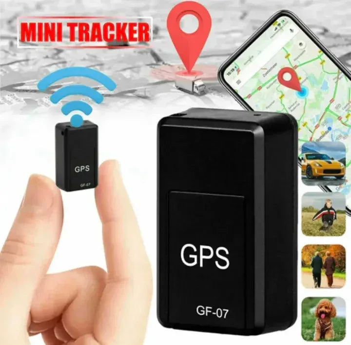 Mini GPS tracker with smartphone app showing location on a white background