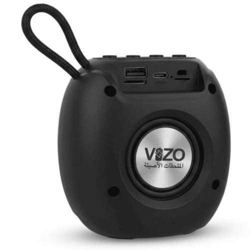 Black portable speaker with USB ports on a white background
