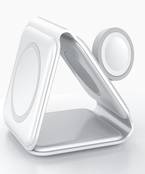 White triangular phone stand on a light gray background