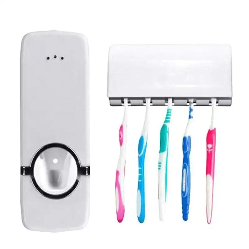 Wall-mounted toothbrush holder with six colorful toothbrushes on a white background