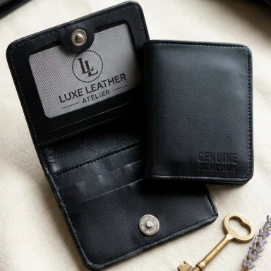 Black leather wallet with 'Luxe Leather Atelier' branding on a light surface.