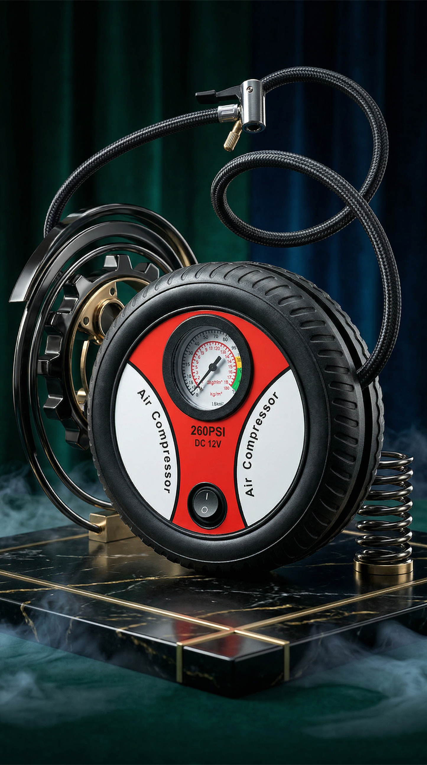 Air compressor with red and black design on a dark background