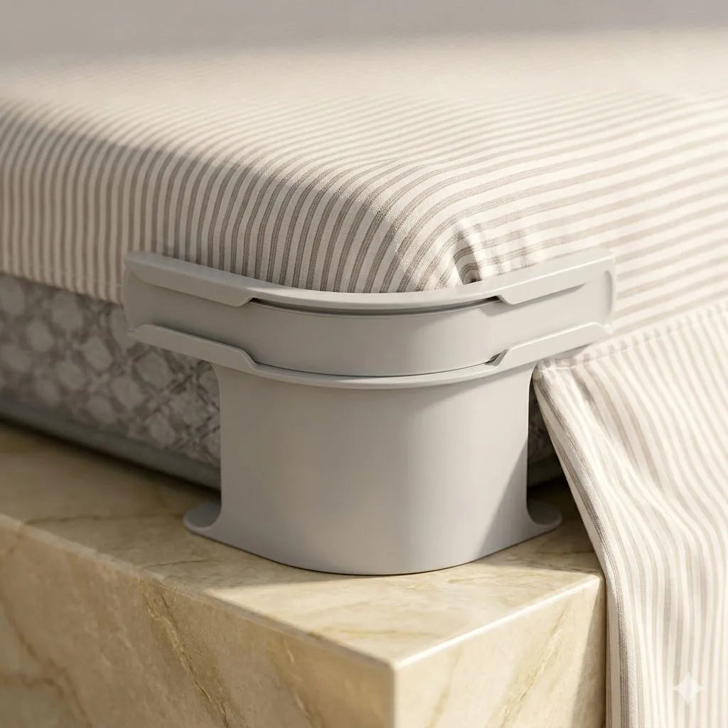 Gray bed riser on a wooden platform with striped bedding in the background