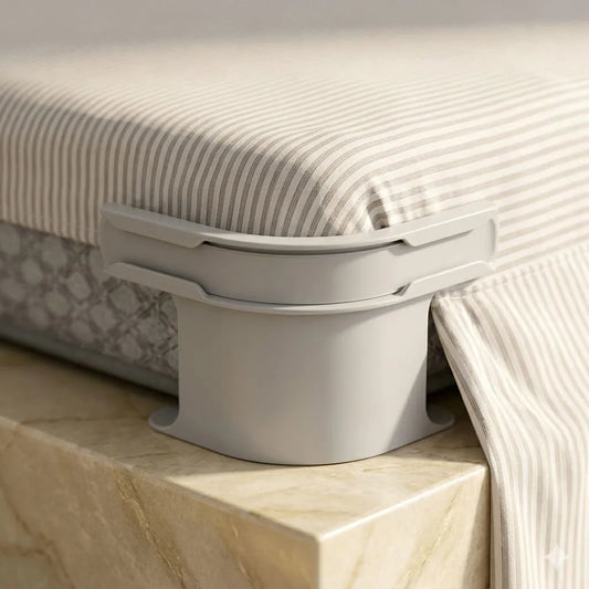 Gray bed riser on a wooden platform with striped bedding in the background
