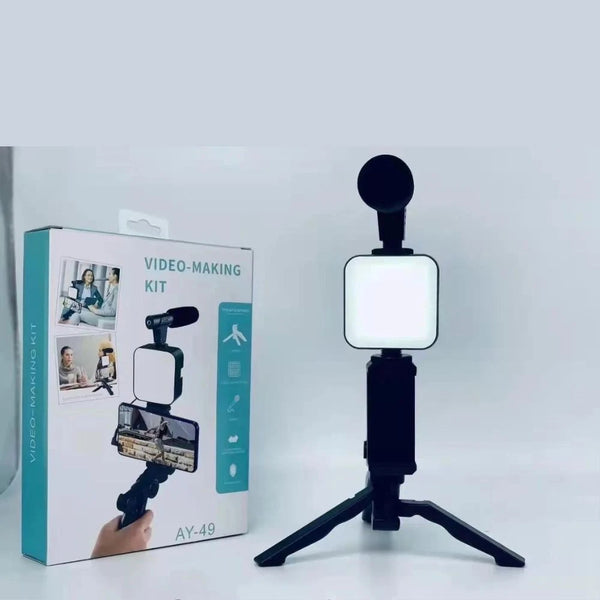 Video-making kit with microphone and light on a white background