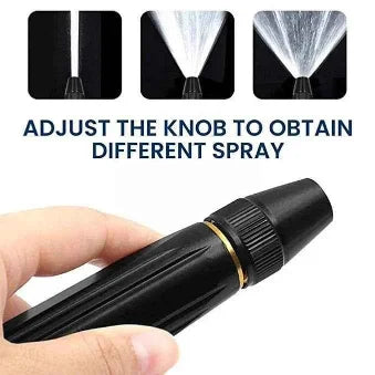 Spray nozzle with adjustable knob held by a hand, showing different spray patterns.