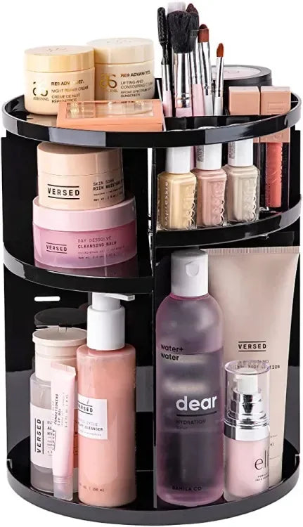 Close-up of the adjustable shelf height feature on the black acrylic makeup carousel.