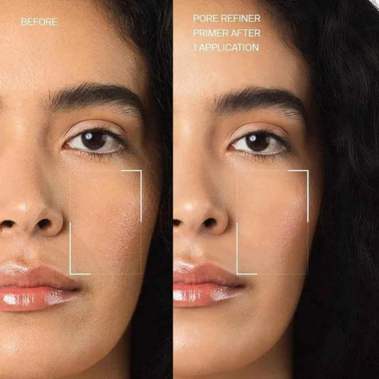 Before and after comparison of a woman's face with Silk Touch Primer application.