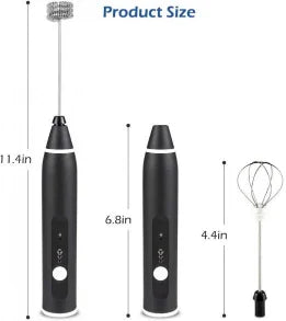 Black handheld milk frother with measurements on a white background