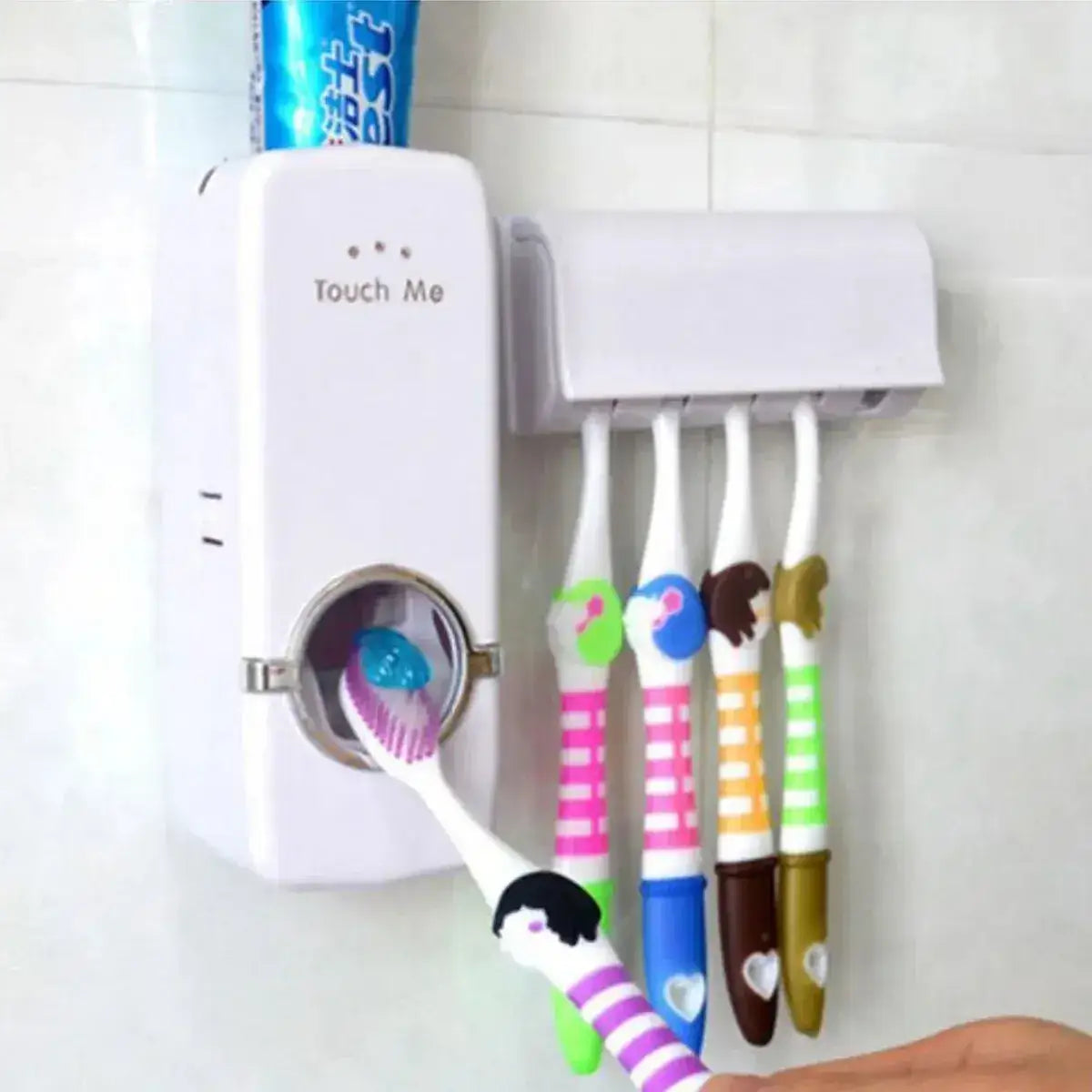 Children's cartoon-themed toothbrushes in a white holder with 'Touch Me' label.