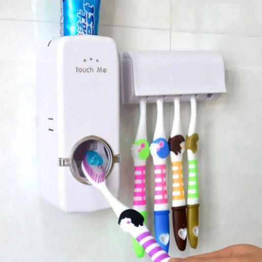 Children's cartoon-themed toothbrushes in a white holder with 'Touch Me' label.