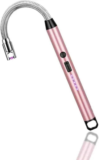 Pink handheld device with flexible hose on a white background