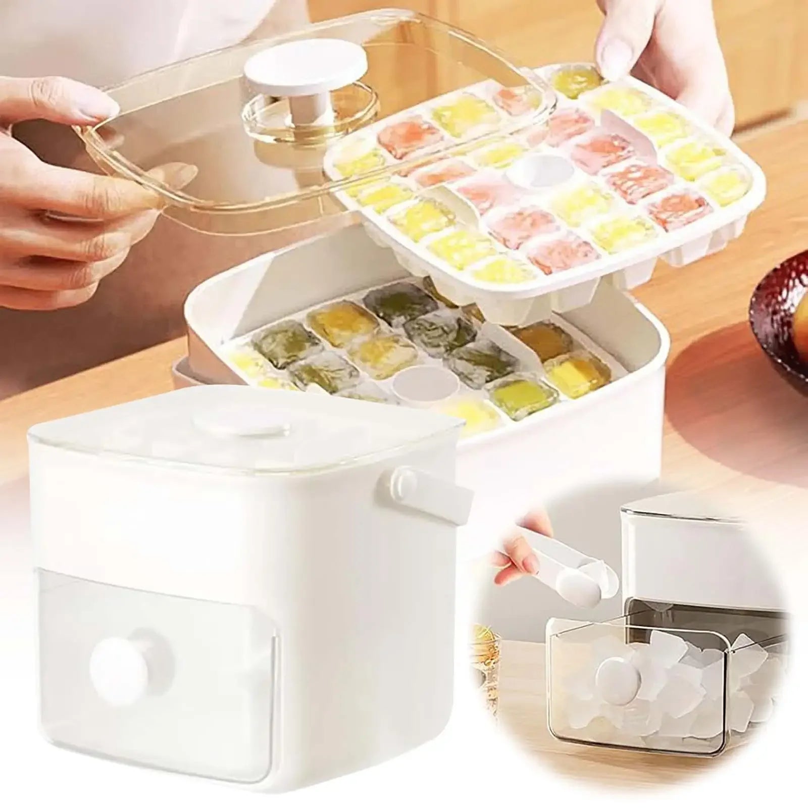 Ice cube tray with frozen cubes in a white container on a wooden surface.