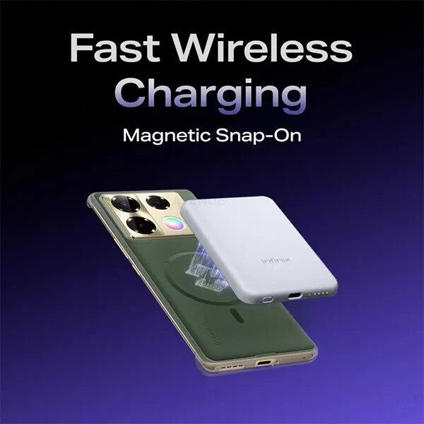 Smartphone with a magnetic snap-on fast wireless charging case on a dark background