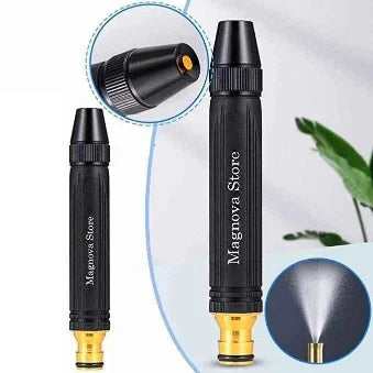 Black and gold garden spray nozzle with close-up details on a light gray background