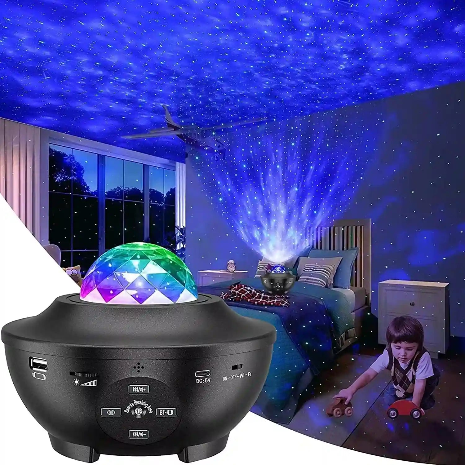 Starry night light projector in a bedroom setting with colorful projections on the ceiling.