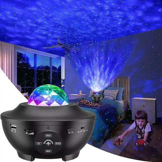 Starry night light projector in a bedroom setting with colorful projections on the ceiling.