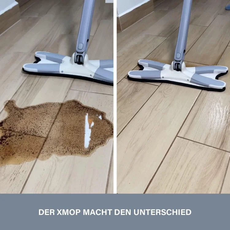 Before and after cleaning of a wooden floor with a mop.