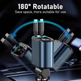 180-degree rotatable USB charger with multiple ports on a dark background