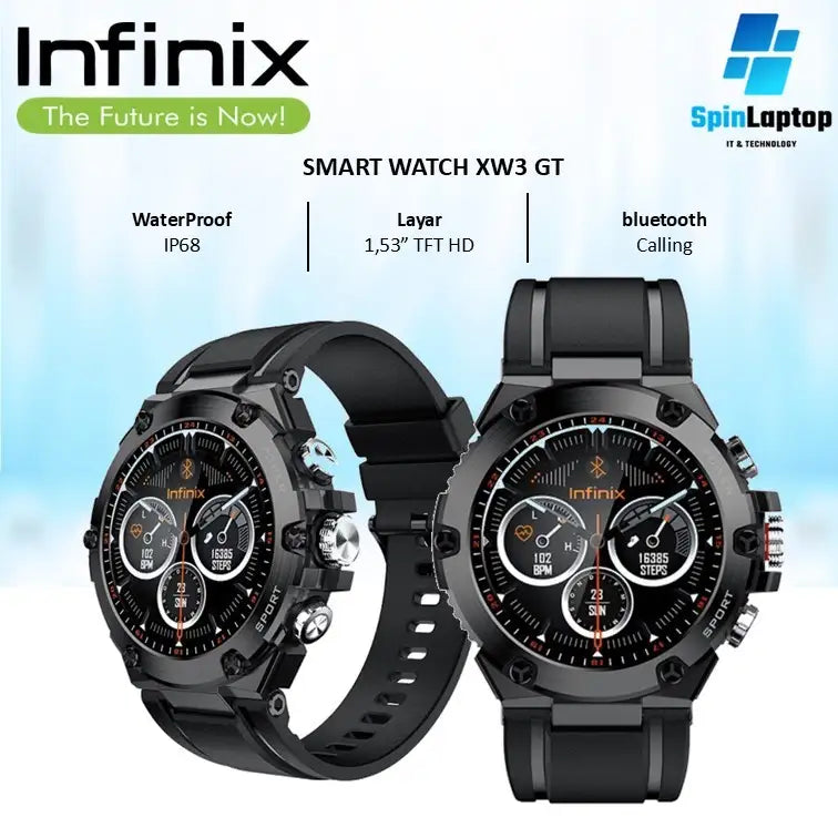 Infinix smartwatch with features highlighted on a light blue background