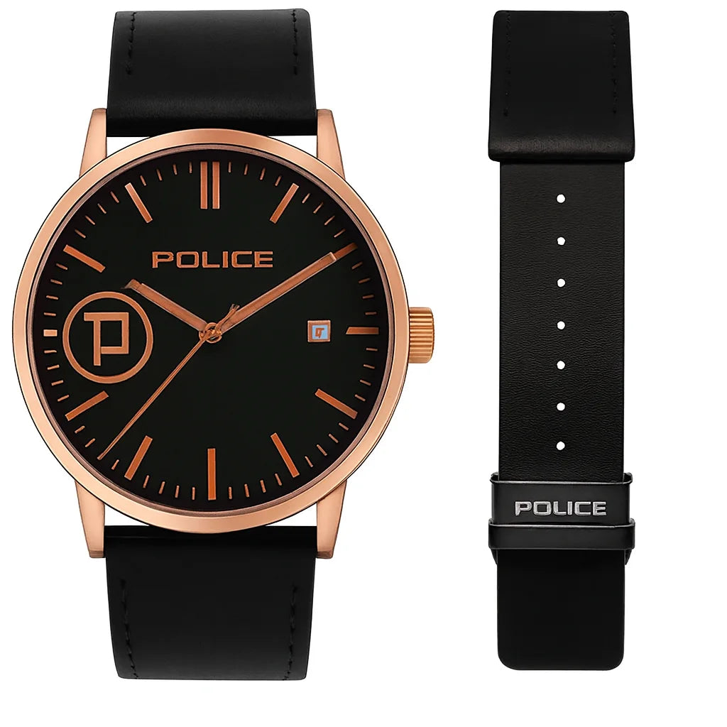 Police watch side profile showing stainless steel case and crown detail