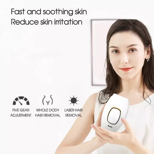 Woman holding a device with text about skin care benefits on a white background