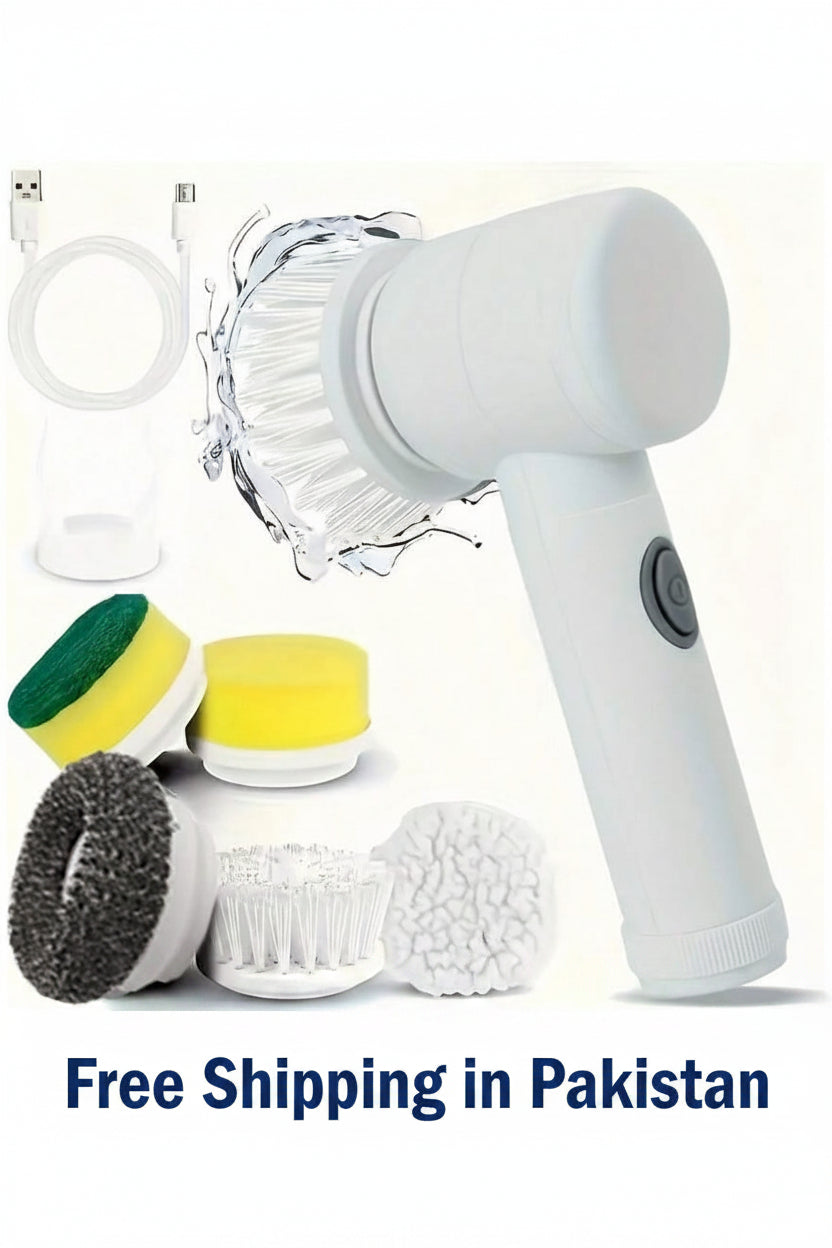 White handheld cleaning tool with various attachments on a white background