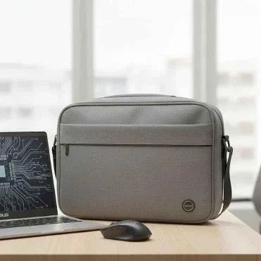 Gray laptop bag on a desk with a laptop and mouse