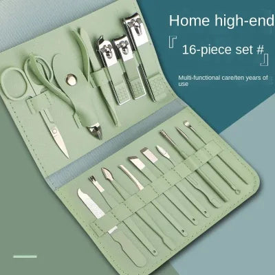 16-piece manicure set with green case on a white background