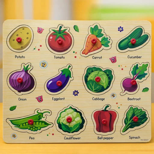 Wooden puzzle with vegetable shapes and names on a yellow background